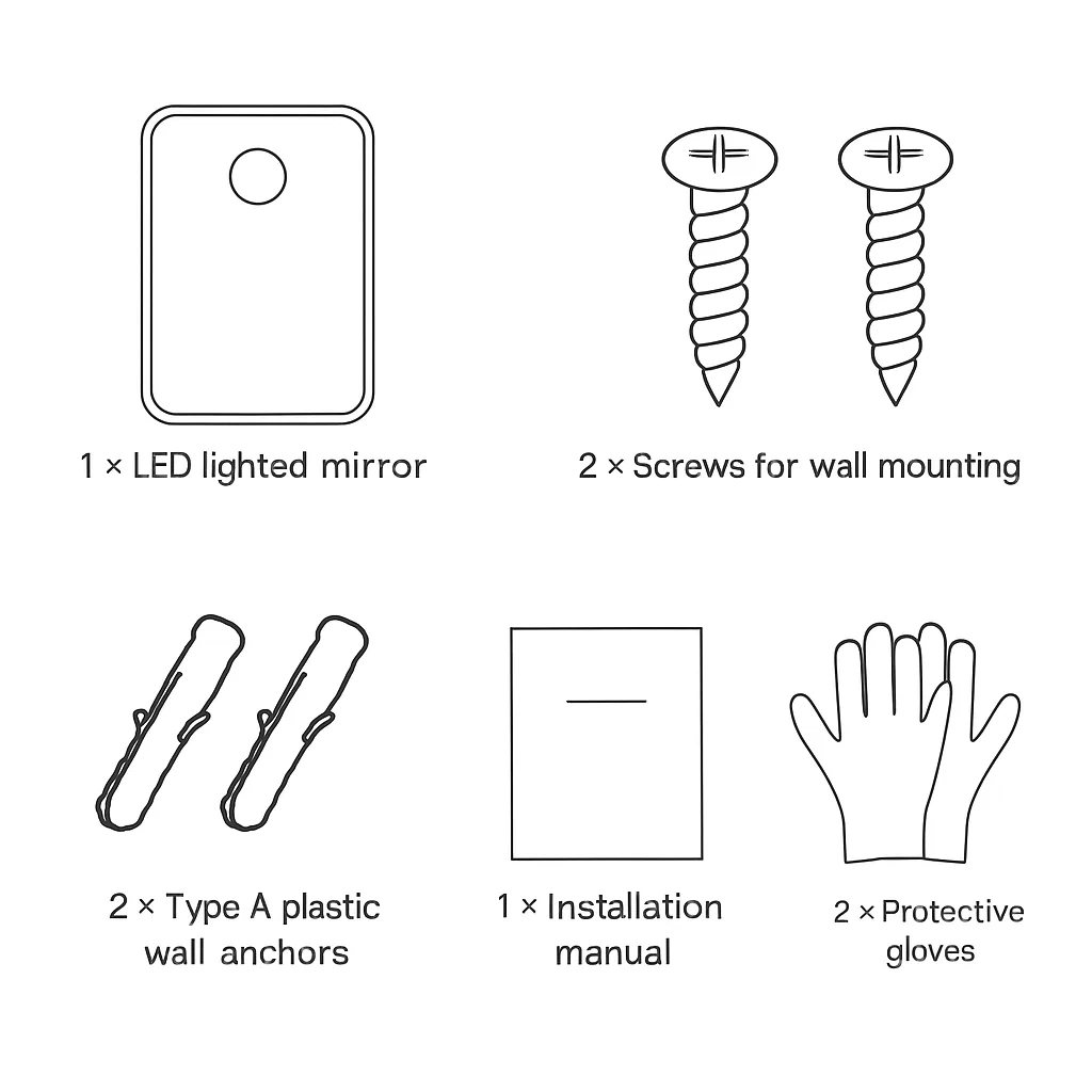 Installation guide showing mirror, screws, anchors, gloves, and manual.