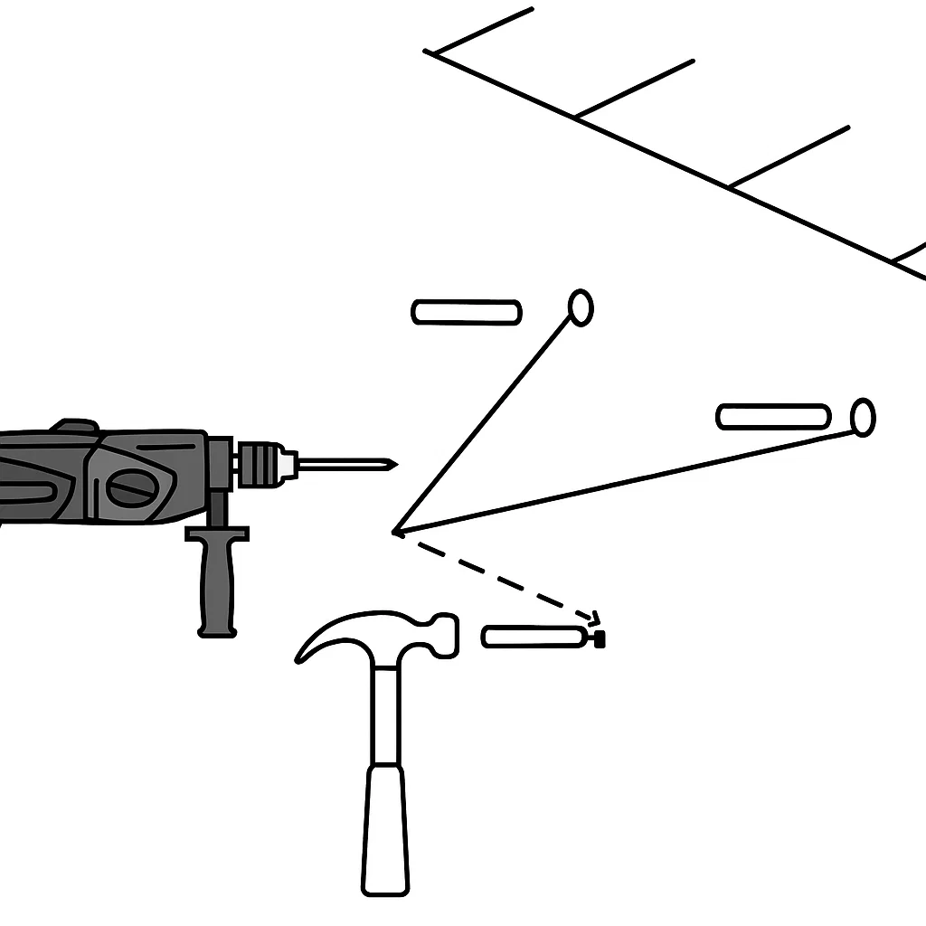 Illustration of drill, hammer, and wall anchors installation.