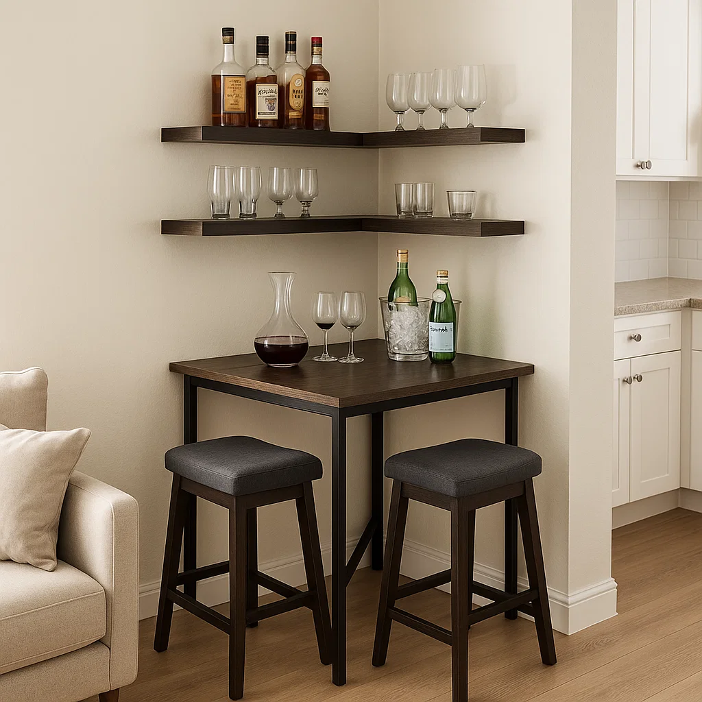 Compact bar table in room corner with shelves and glasses