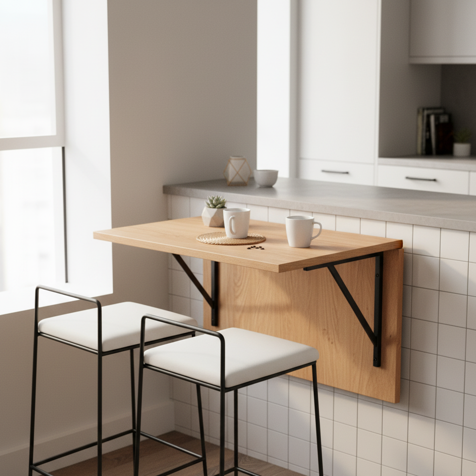 Foldable wall-mounted bar table with two stools in kitchen
