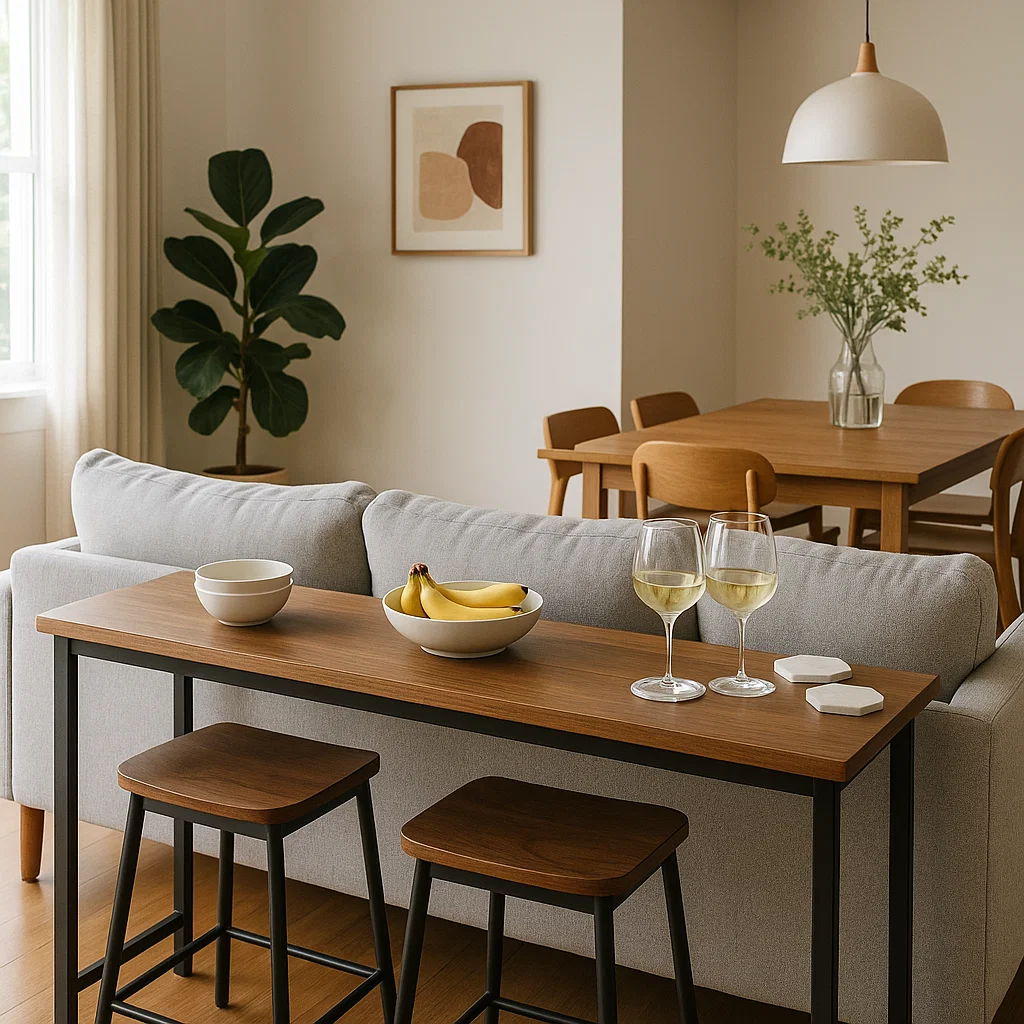 Slim bar table behind sofa with stools and wine glasses