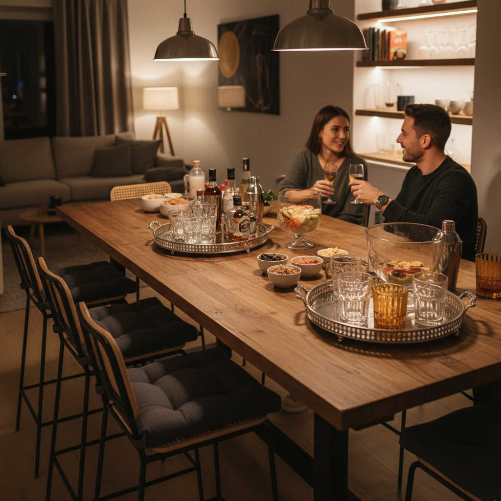 Large wooden dining table repurposed as bar with drinks