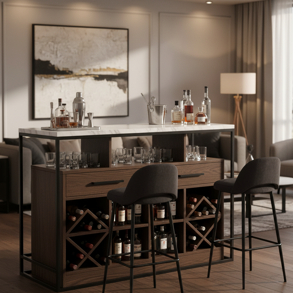 Bar table with integrated wine storage and modern stools