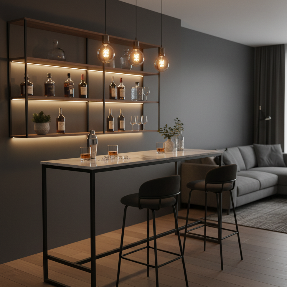 Modern indoor bar table with shelves and pendant lights