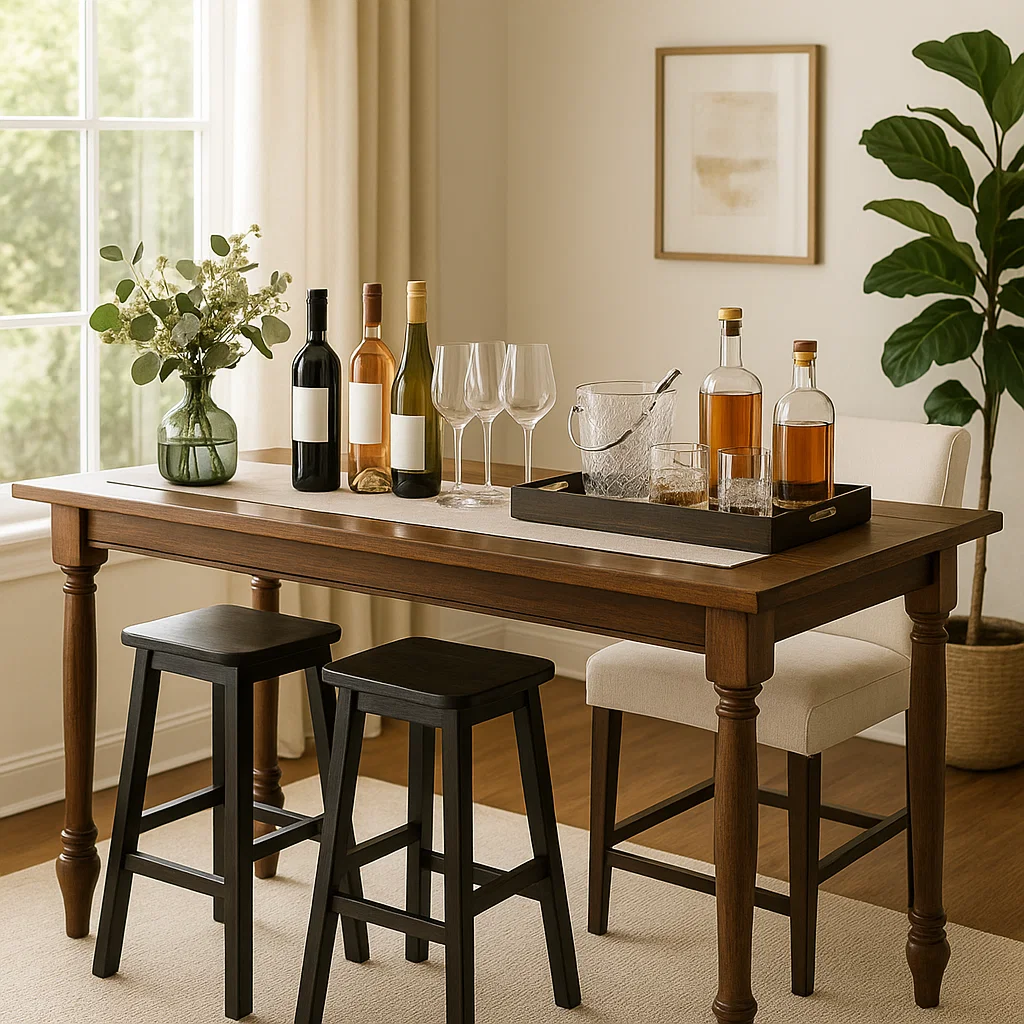 Wooden bar table with wine bottles and glasses in bright room