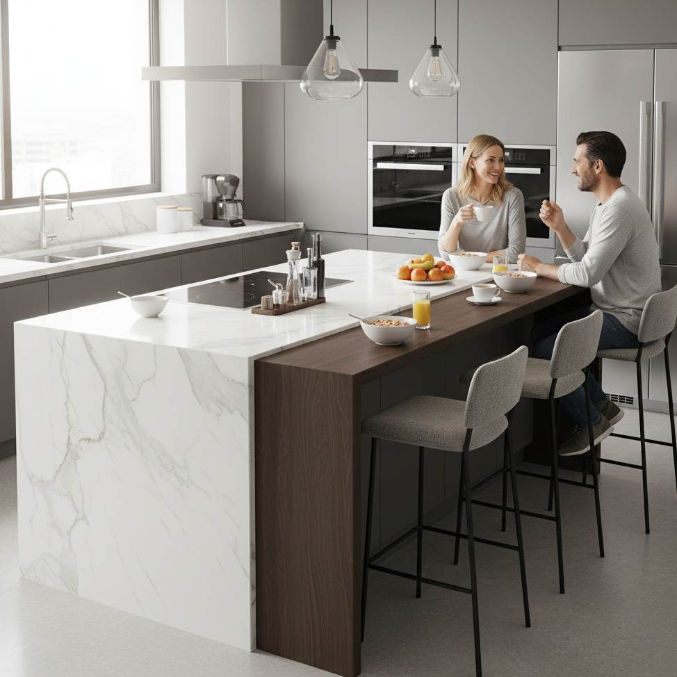 Kitchen island extension used as bar with stools and drinks