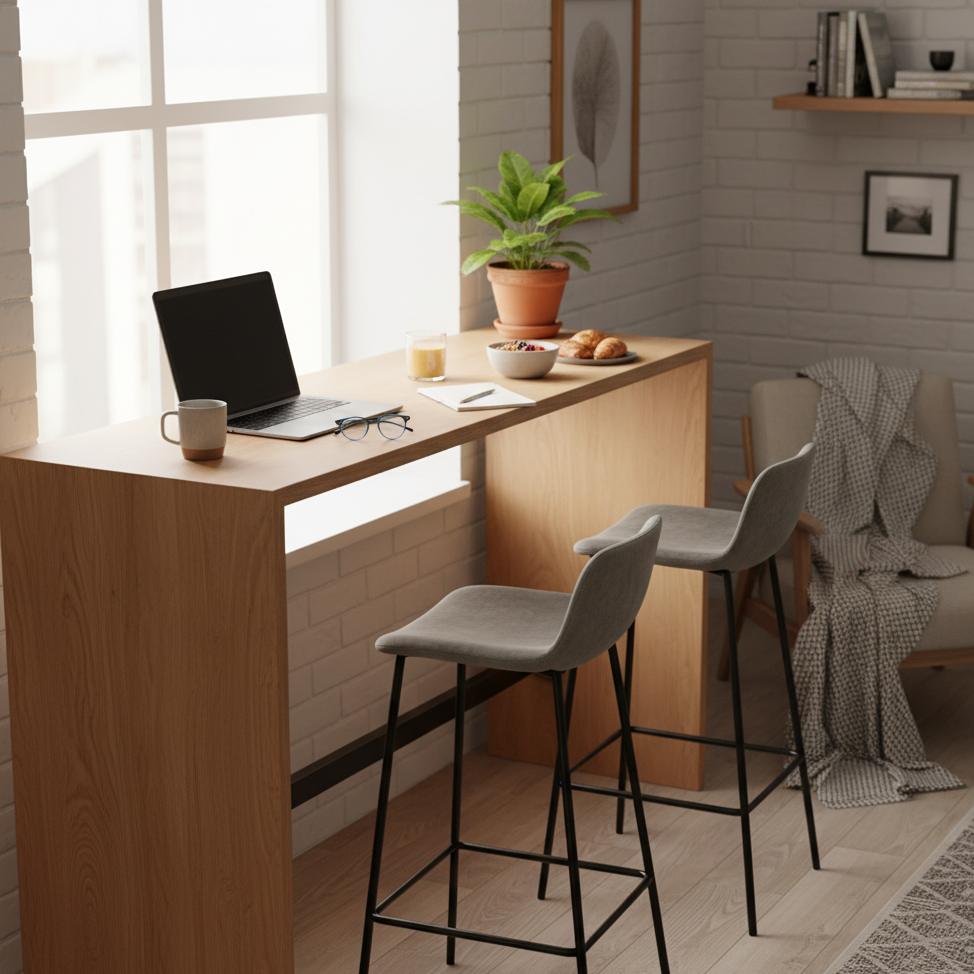 Wooden bar table with laptop, coffee, and stools by window