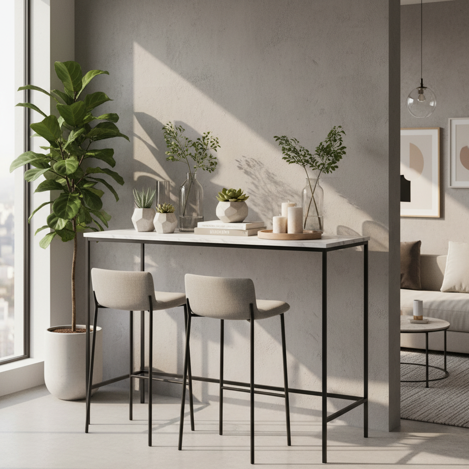 Bar table decorated with plants and candles by window