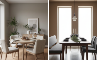 Modern round dining table beside long rectangle dining table