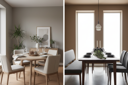 Modern round dining table beside long rectangle dining table