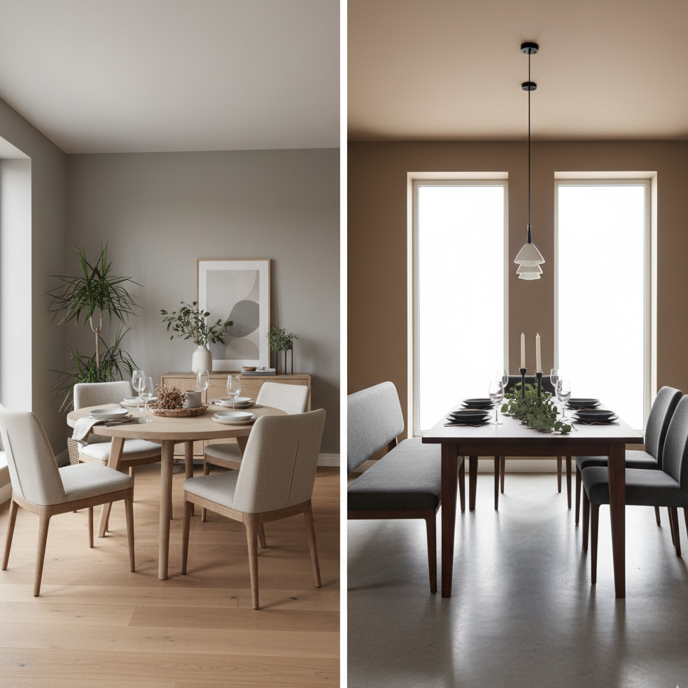 Modern round dining table beside long rectangle dining table