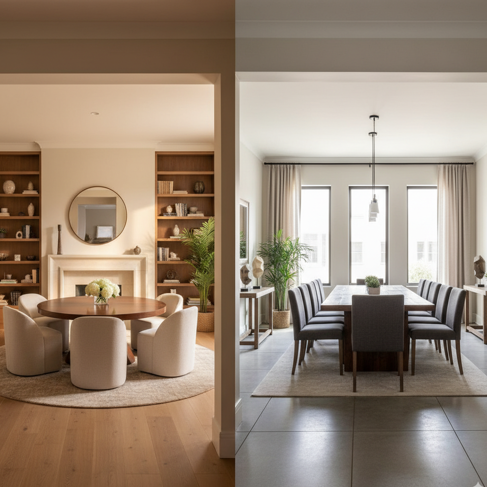 Round dining table in cozy room, rectangle in spacious room