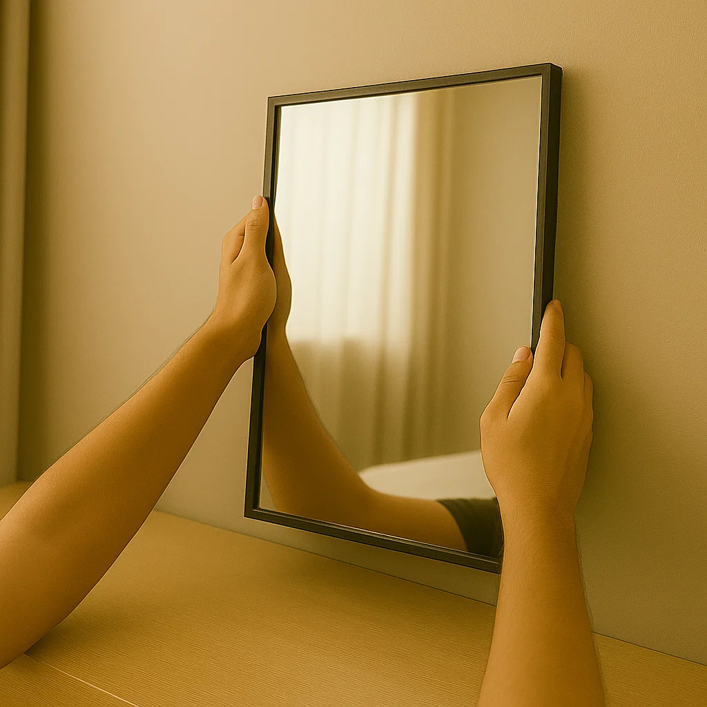 Person pressing a framed mirror onto a beige wall above a wooden dressing table.