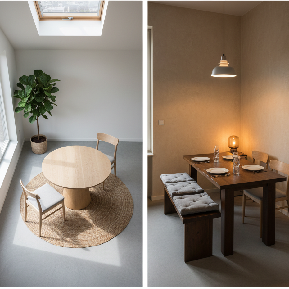 Small round dining table and larger rectangular table in homes