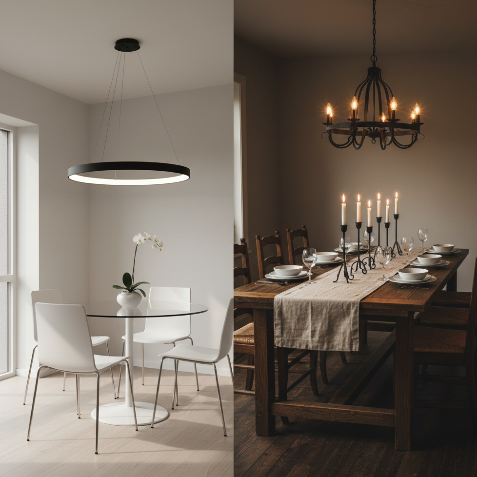 Glass round dining table and rustic rectangular wooden table