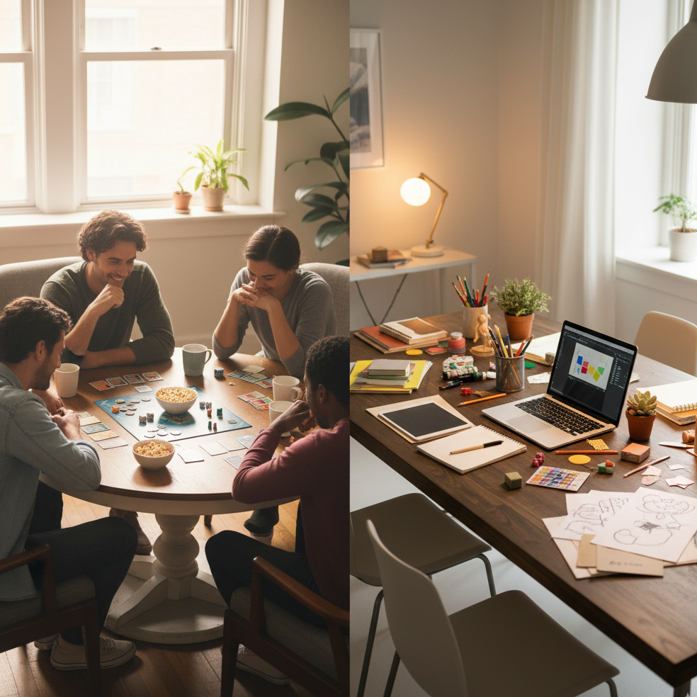 Round table with board game, rectangular table with laptop
