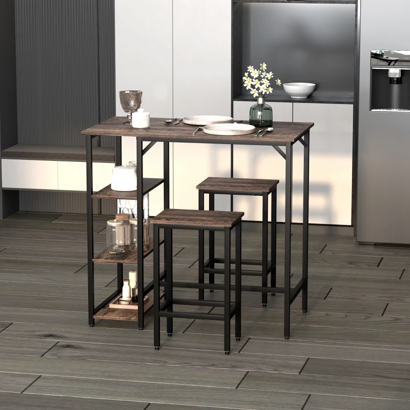 Rustic brown bar table with shelves and stools in kitchen