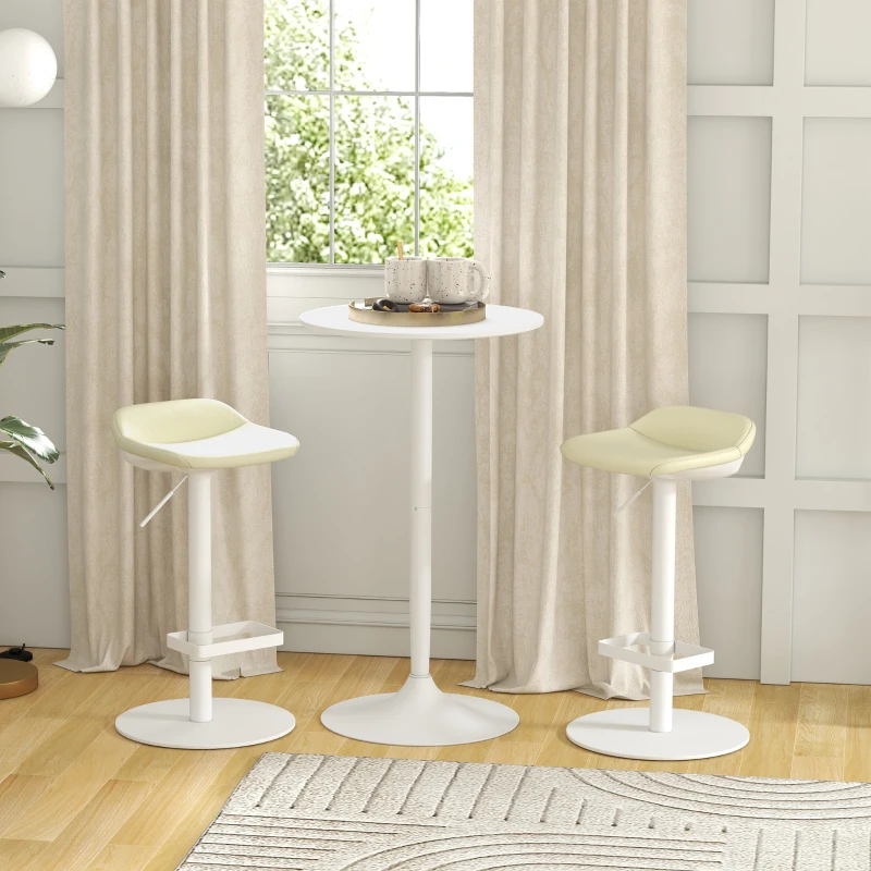 Modern white bar table set with two cream stools