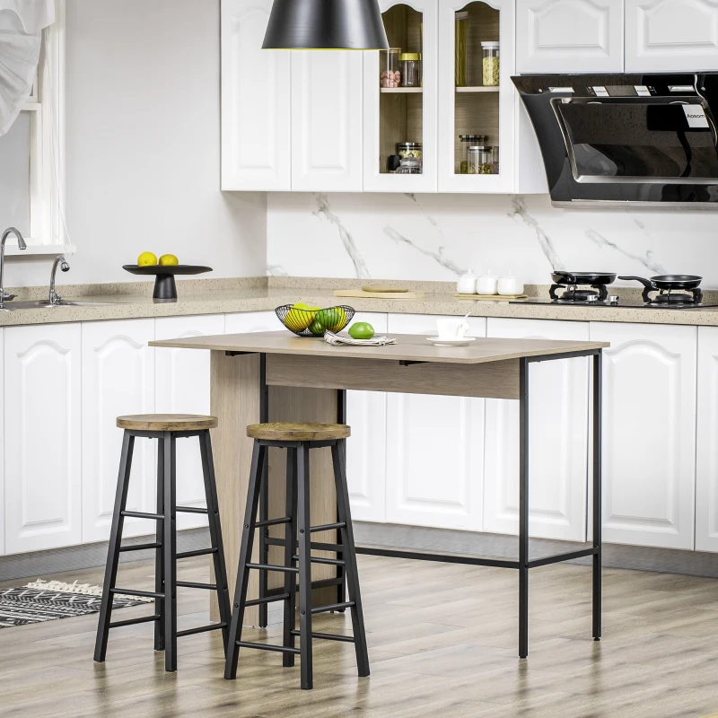 Drop leaf bar table with two wooden stools in kitchen