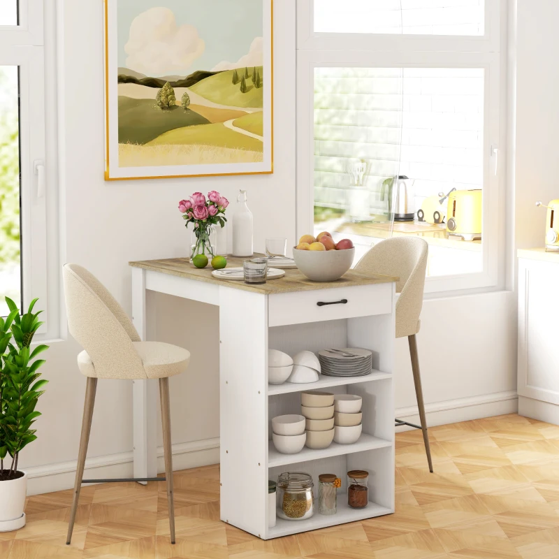 White bar table with storage shelves and two stools
