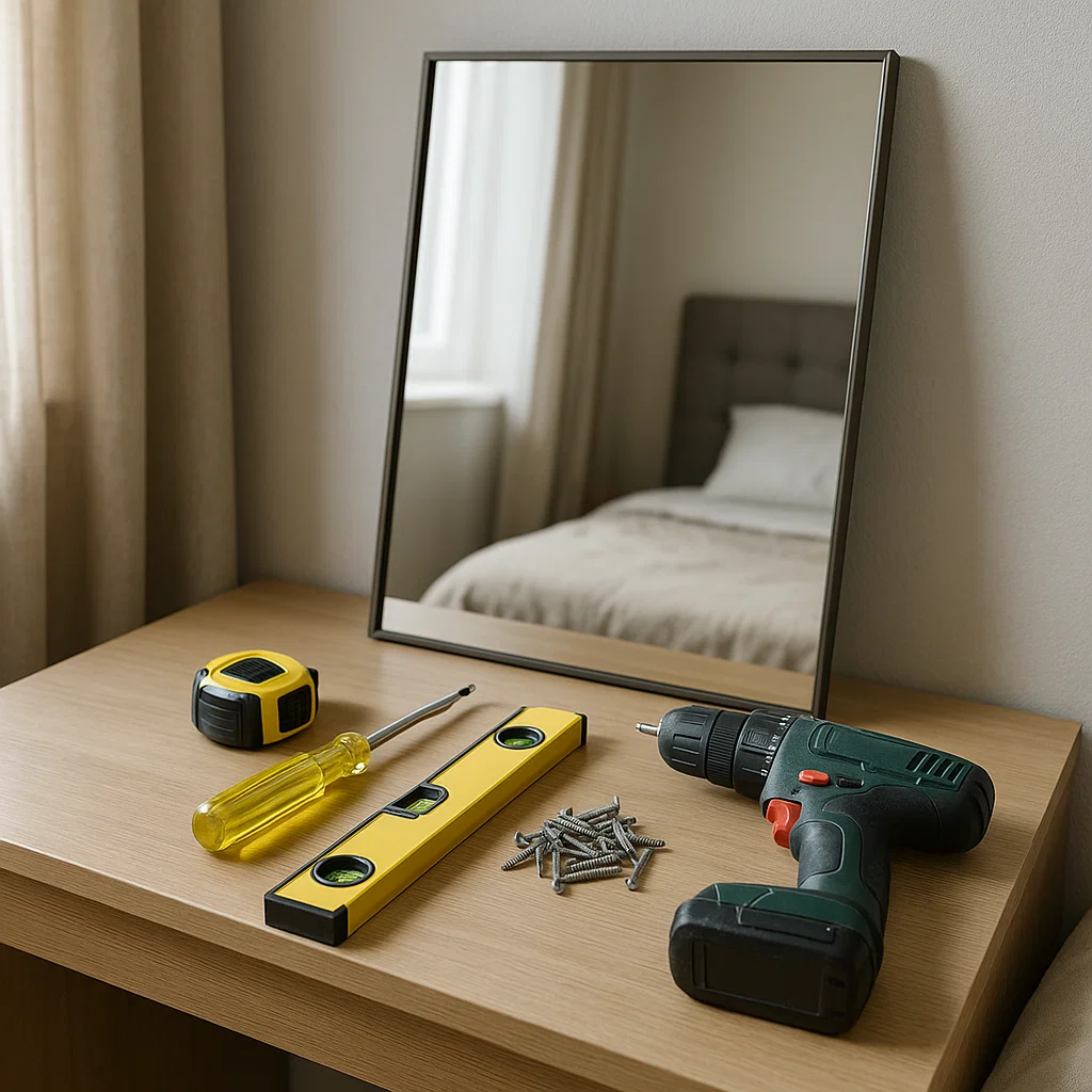 Mirror on wooden table beside drill, screwdriver, screws, level, and measuring tape.