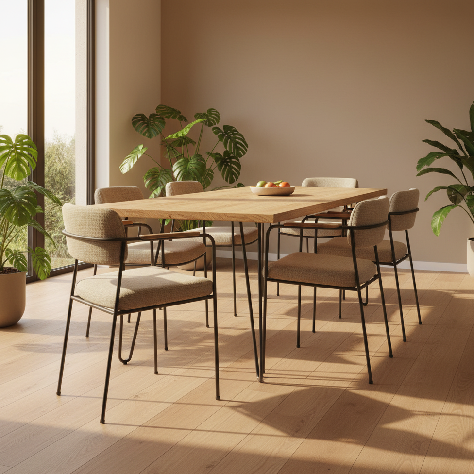 Wooden dining table with eco-friendly fabric cushioned chairs