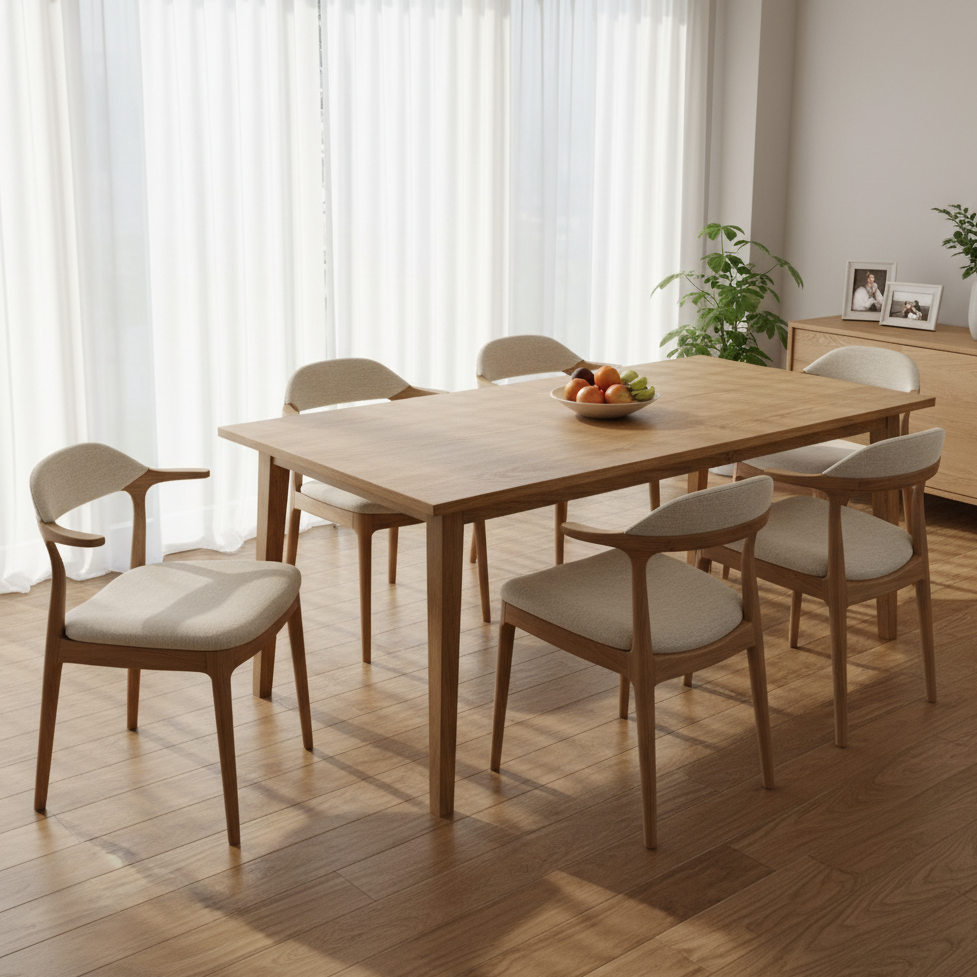 Wooden dining table with beige cushioned ergonomic chairs