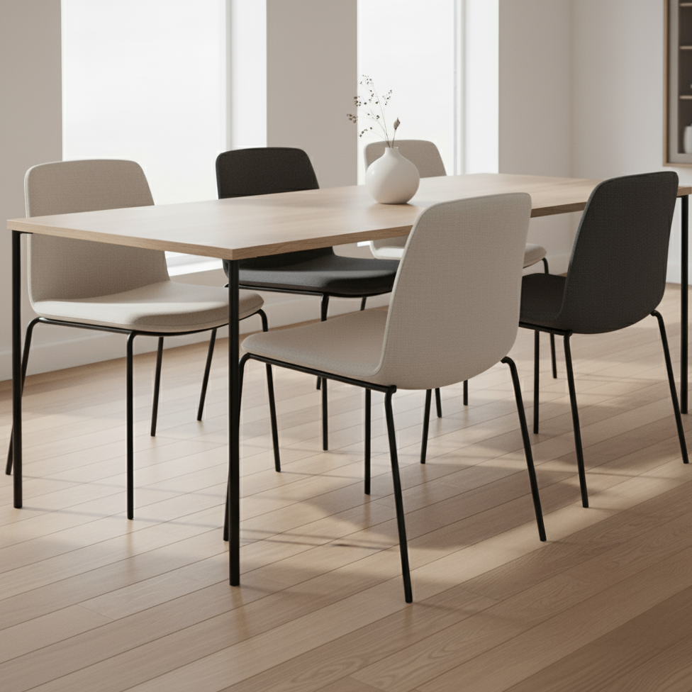 Simple wooden dining table with neutral minimalist chairs