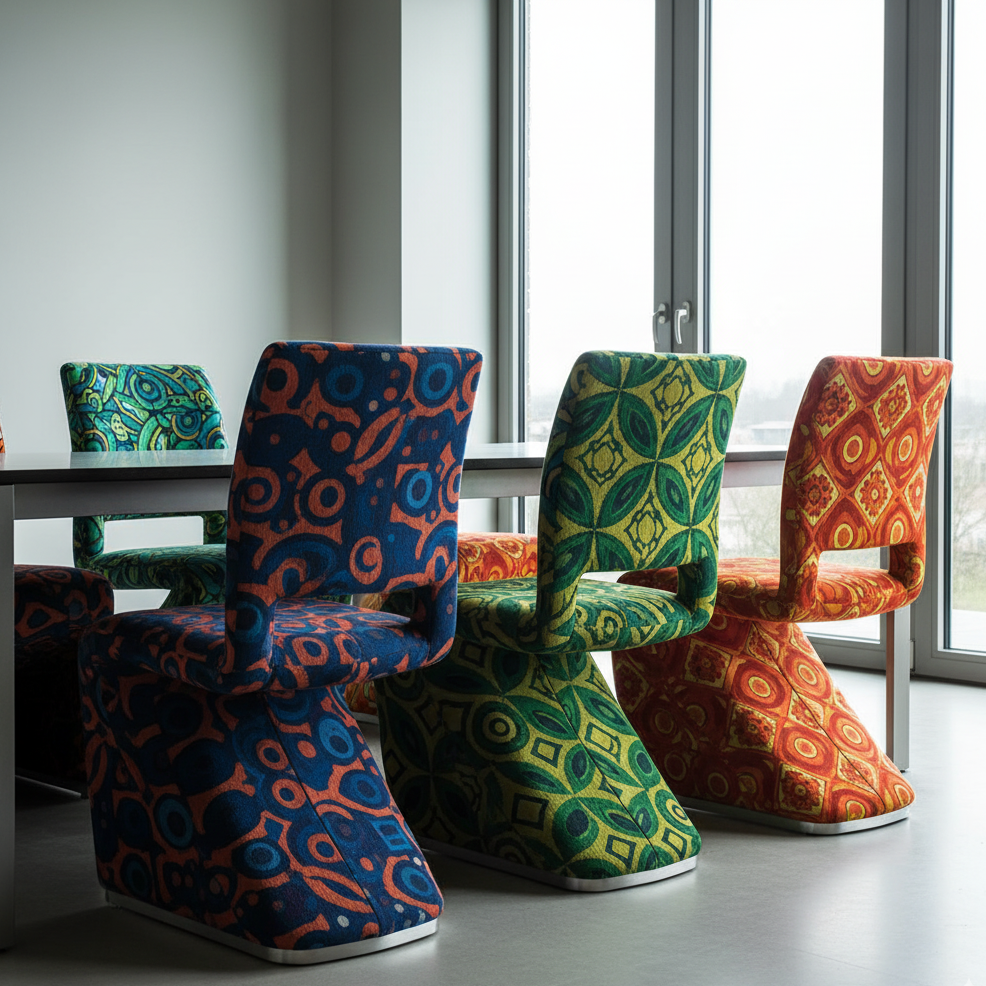 Bold patterned dining chairs in red, green, and blue