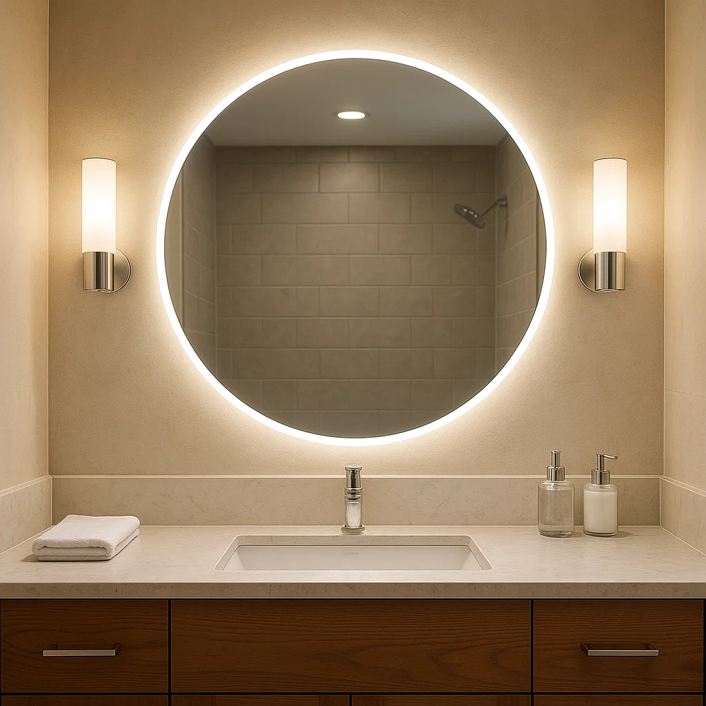 Round LED bathroom mirror with wall sconces above modern wooden vanity.