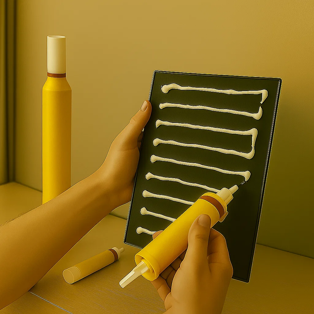 Hands applying white adhesive lines to the back of a rectangular mirror with a yellow applicator.