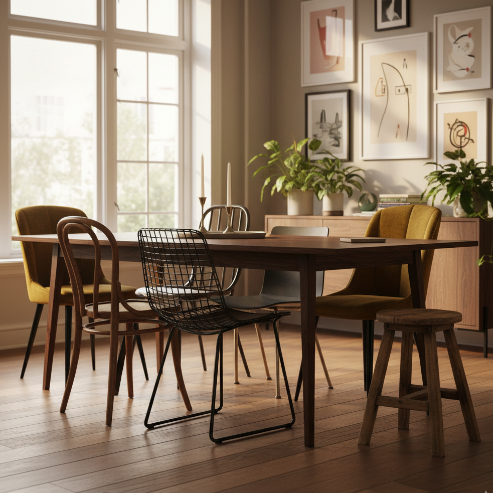 Dining table with mixed chair designs in cozy setting