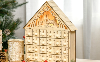 Wooden advent calendar with nativity scene design and festive décor.