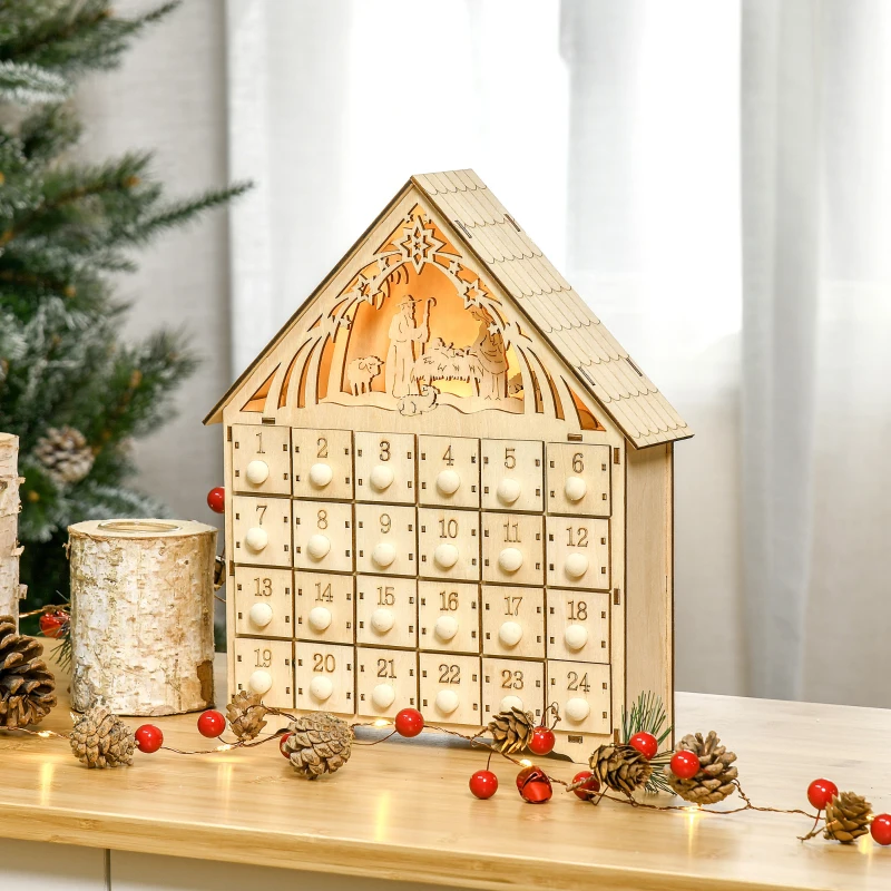 Wooden advent calendar with nativity scene design and festive décor.