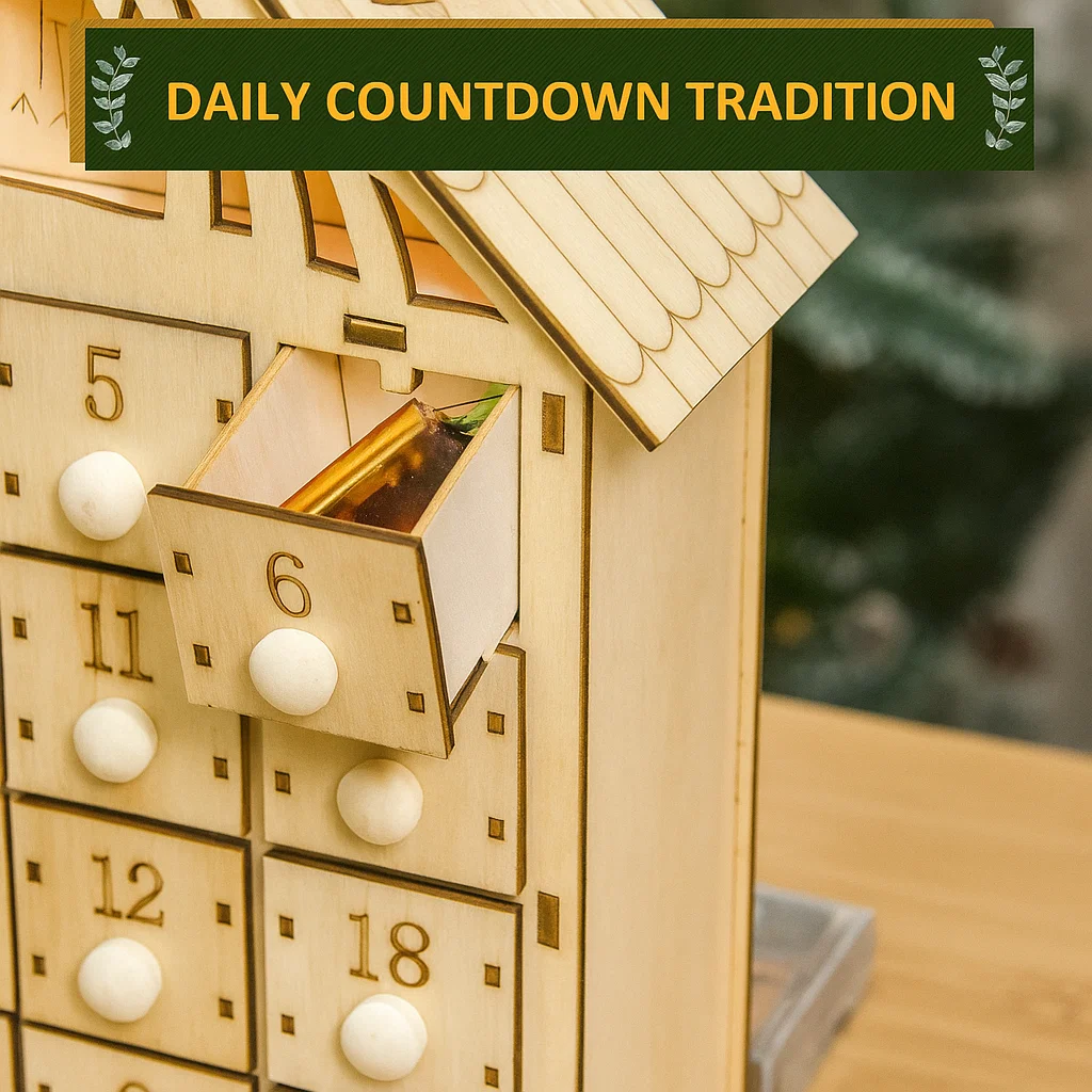 Wooden advent calendar drawer opened with small wrapped surprise inside.