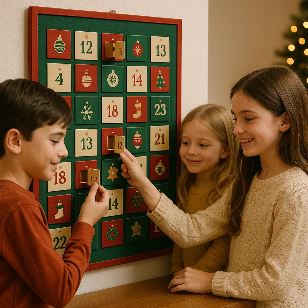 Children happily opening numbered boxes on a wall advent calendar.