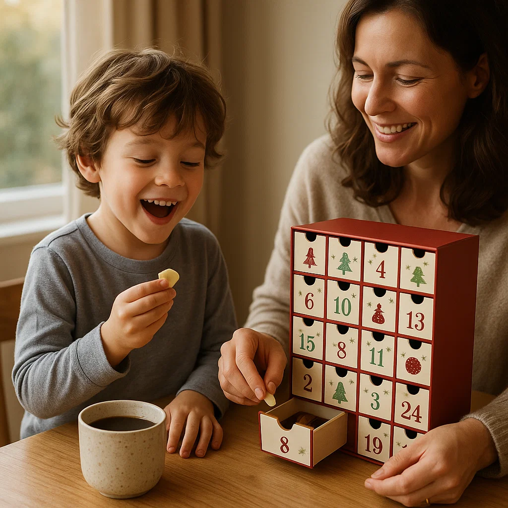 Mother and child opening advent calendar drawer with chocolate surprise.