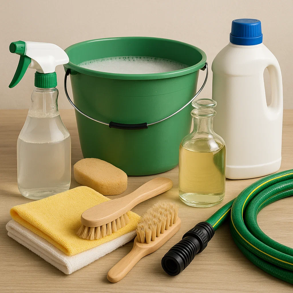 Cleaning supplies with bucket, brushes, cloths, vinegar, and hose.