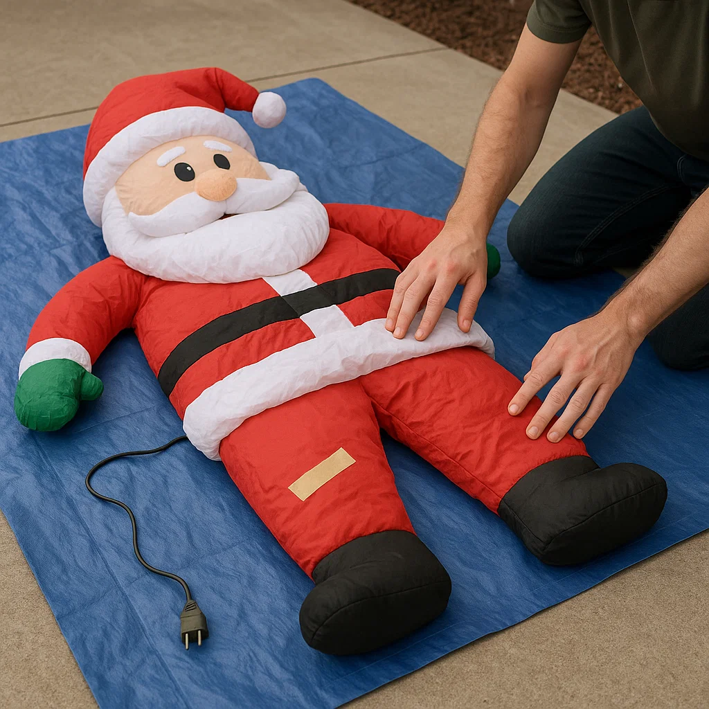 Person inspecting deflated Santa inflatable laid flat on tarp.