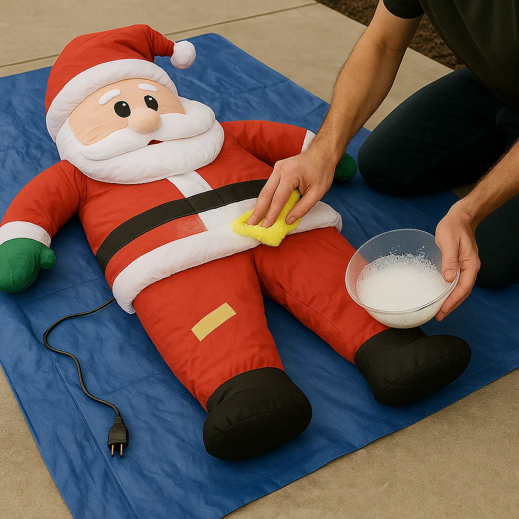 Man cleaning Santa inflatable with sponge and soapy water.