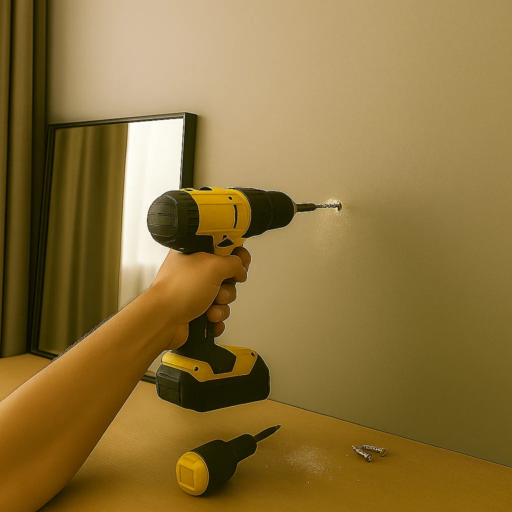 Person using drill to secure small metal bracket onto wall for mirror installation.