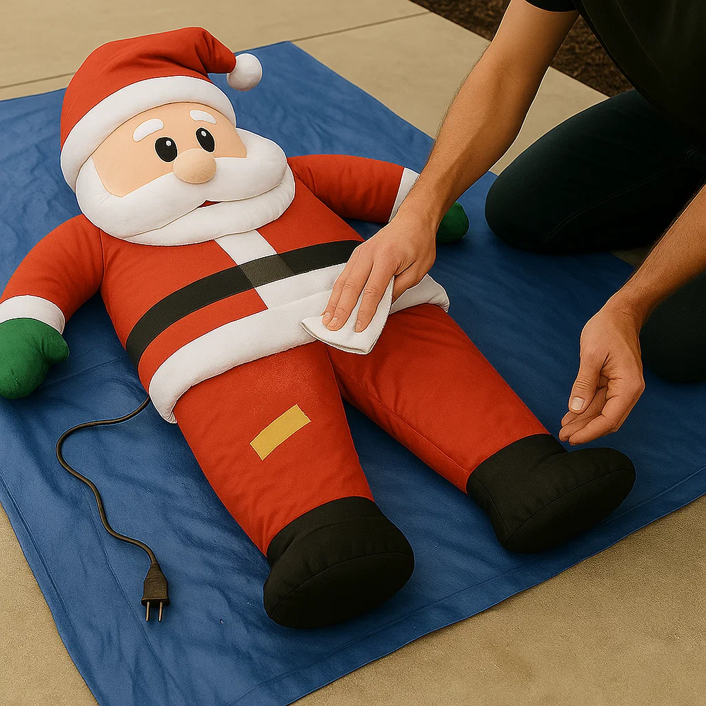 Person drying Santa inflatable with cloth on blue tarp.