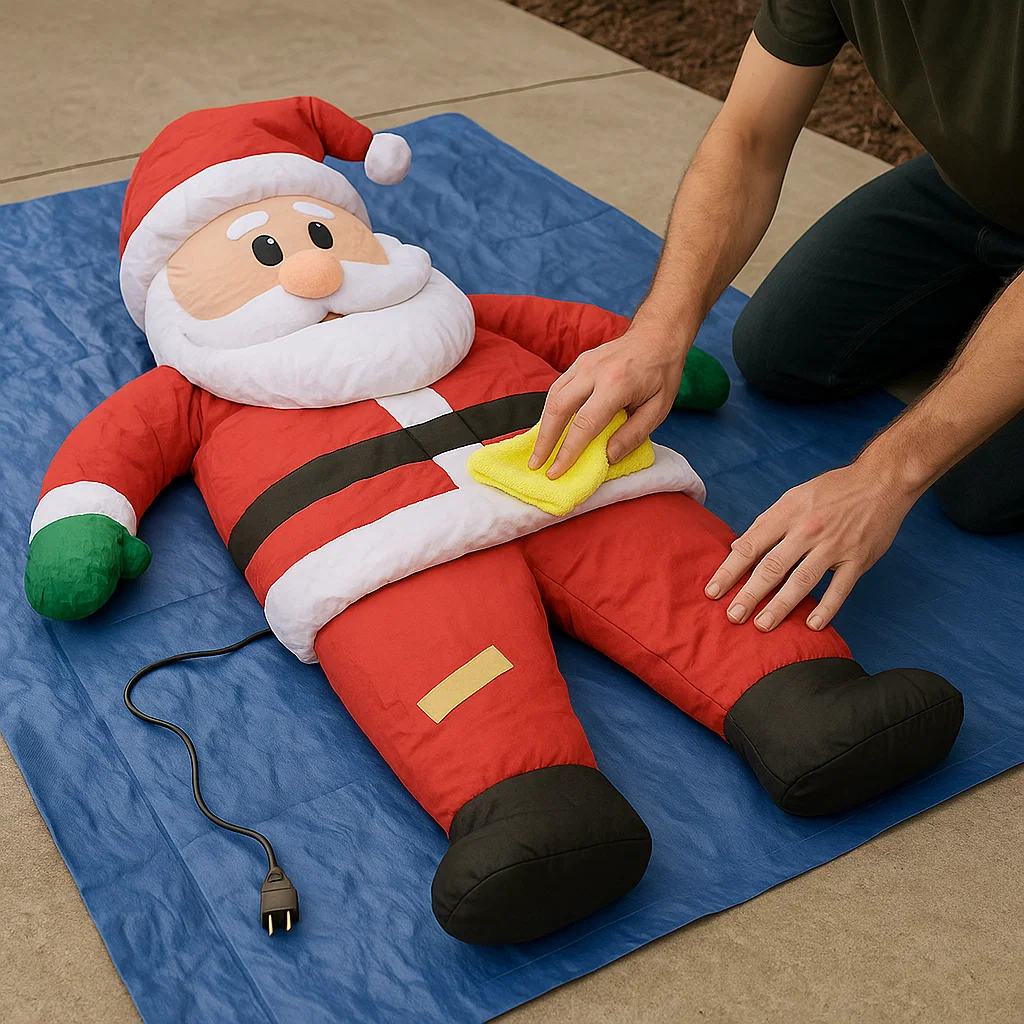 Man wiping dust off deflated Santa inflatable decoration.