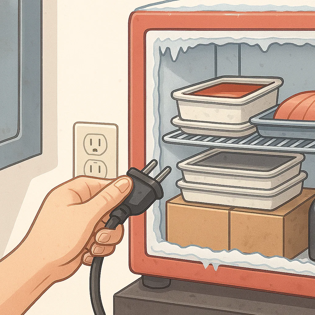 Hand unplugging black power cord from outlet beside fridge.