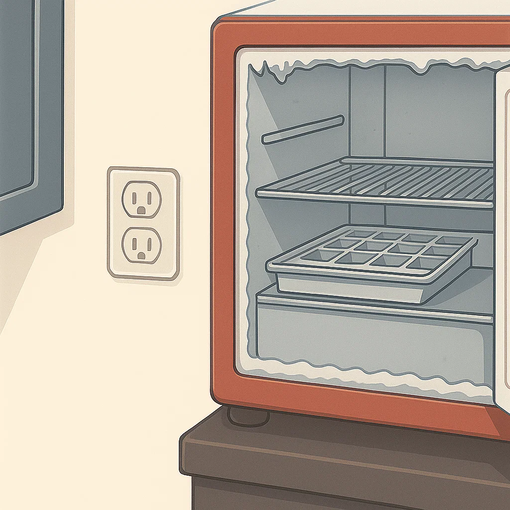 Empty mini fridge with ice tray inside.