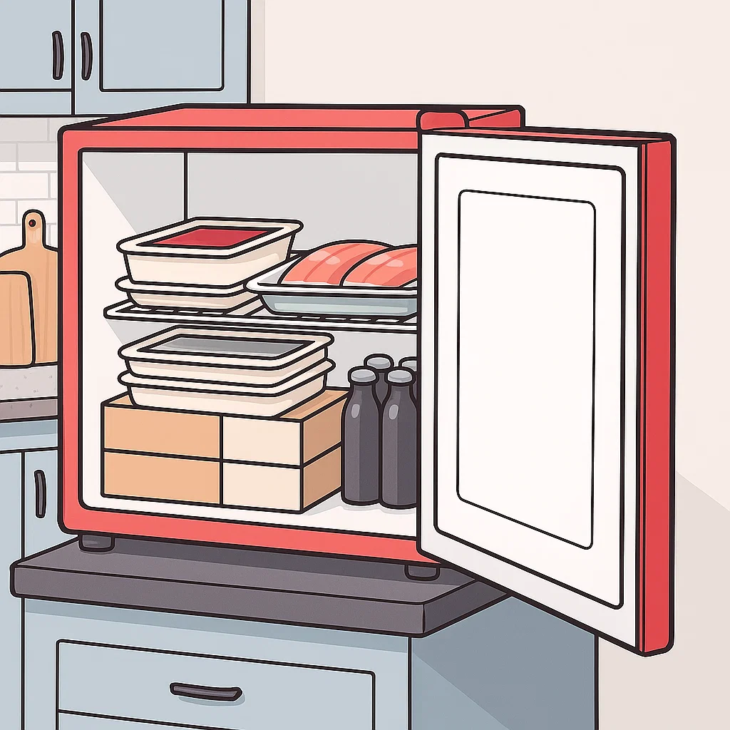 Neatly arranged food containers and bottles inside