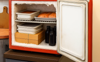 Open fridge with food containers and bottles on shelves.