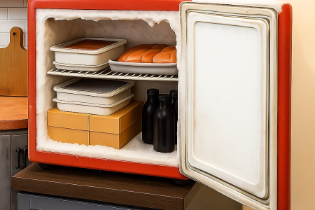 Open fridge with food containers and bottles on shelves.