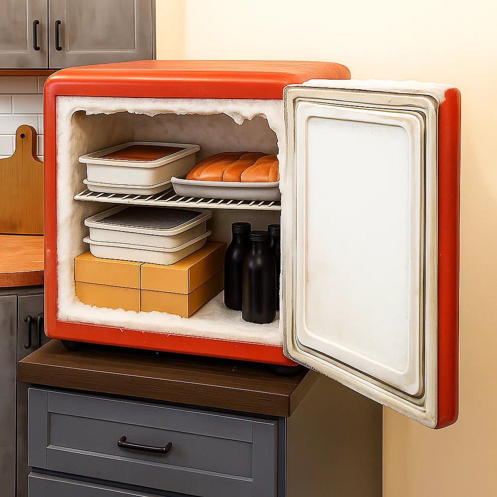 Open fridge with food containers and bottles on shelves.