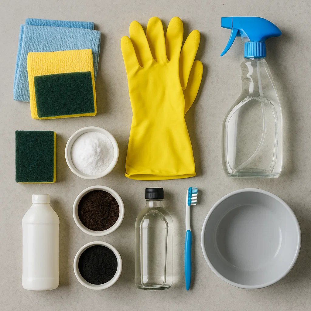Flat lay of cleaning supplies including gloves, sprays, and cloths.